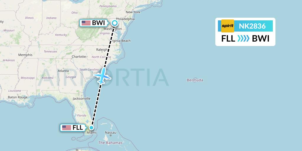NK2836 Spirit Airlines Flight Map: Fort Lauderdale to Baltimore