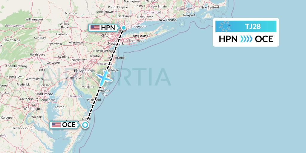 TJ28 Tradewind Aviation Flight Map: White Plains to Ocean City