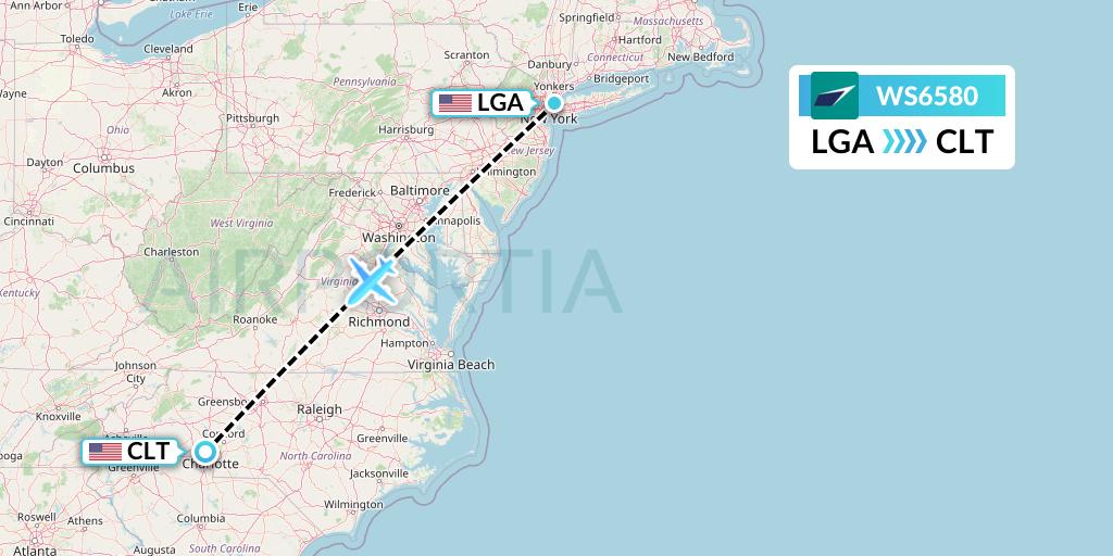 WS6580 WestJet Flight Map: New York to Charlotte