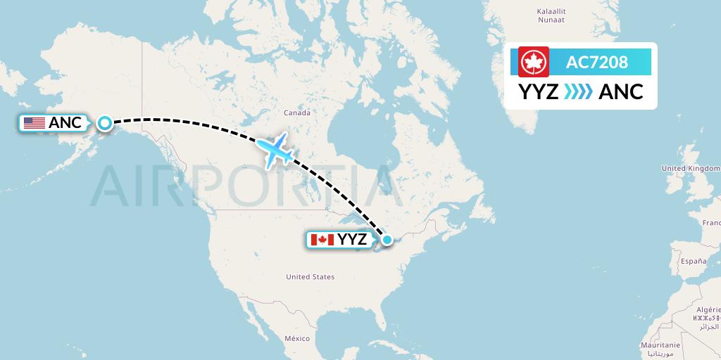 AC7208 Air Canada Flight Map: Toronto to Anchorage
