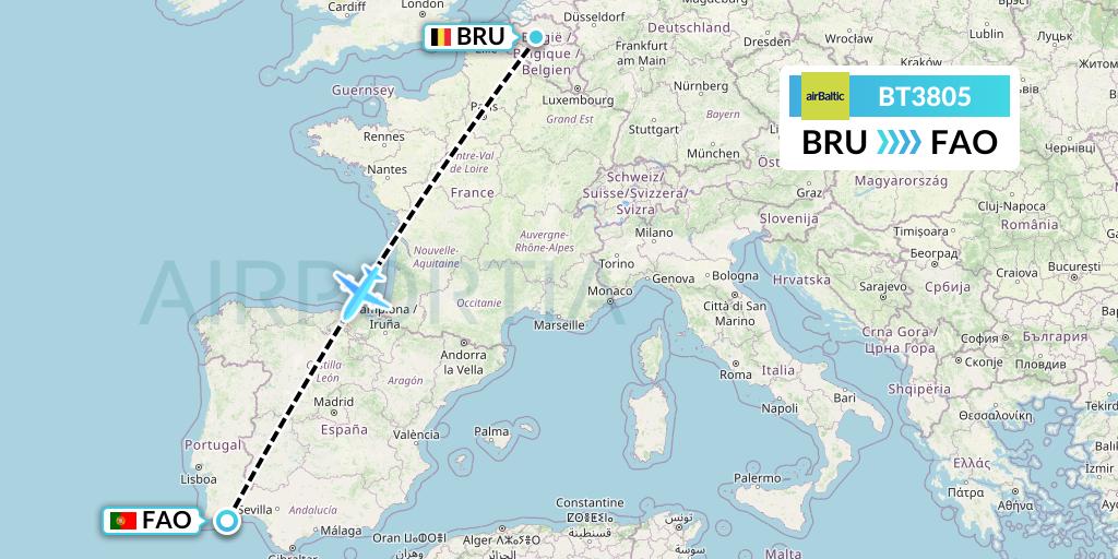 BT3805 Air Baltic Flight Map: Brussels to Faro