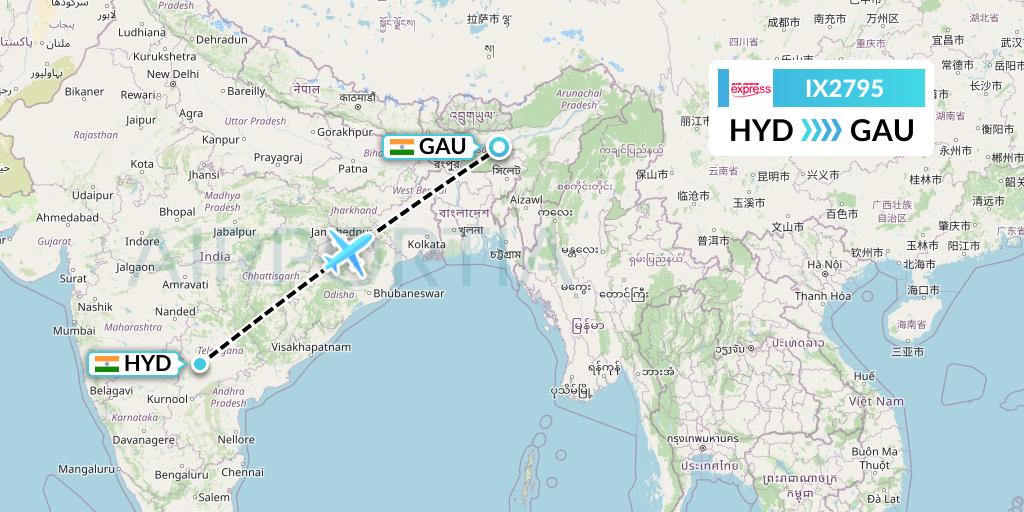 IX2795 Air India Express Flight Map: Hyderabad to Guwahati