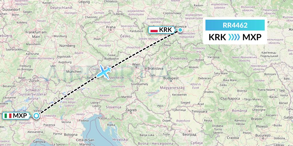 RR4462 Royal Air Force Flight Map: Krakow to Milan