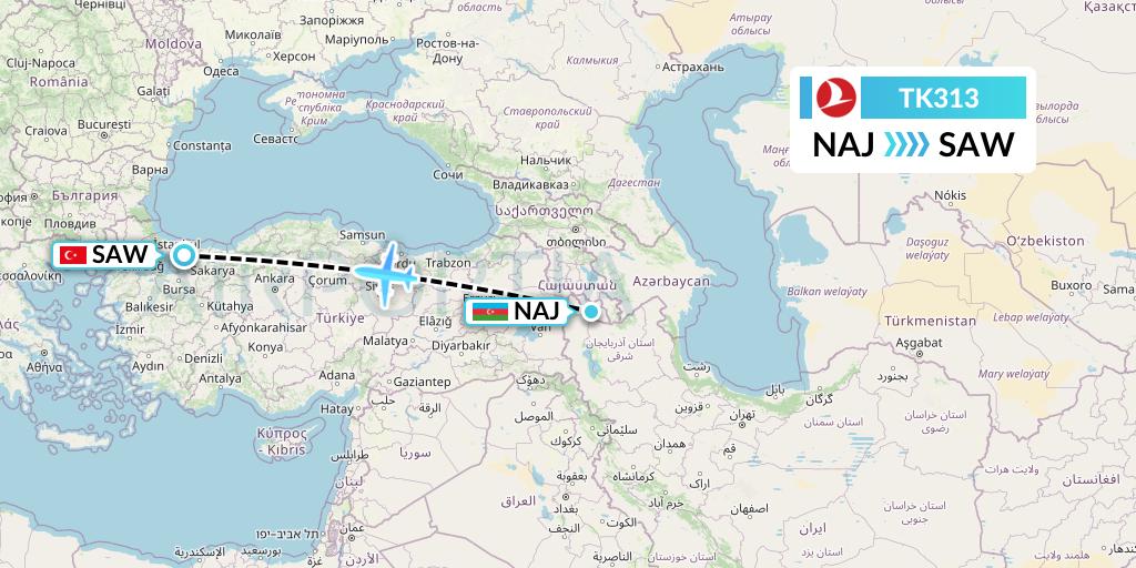TK313 Turkish Airlines Flight Map: Nakhchivan to Istanbul