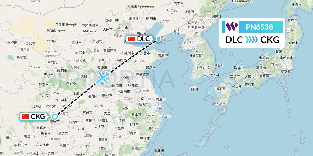 PN6538 China West Air Flight Map: Dalian to Chongqing
