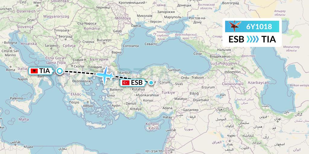 6Y1018 SmartLynx Flight Map: Ankara to Tirana