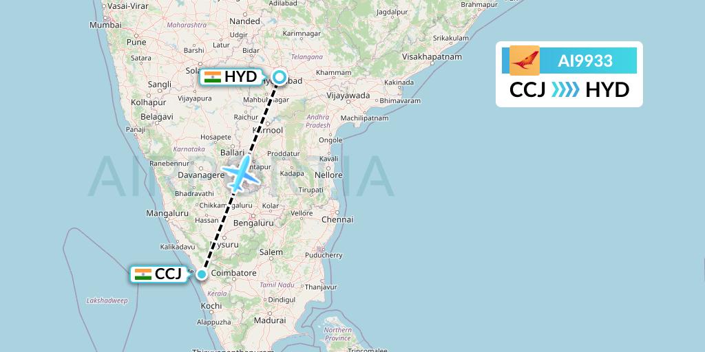 AI9933 Air India Flight Map: Kozhikode to Hyderabad