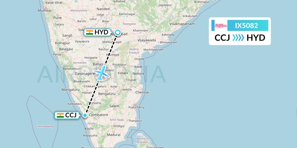 IX5082 Air India Express Flight Map: Kozhikode to Hyderabad