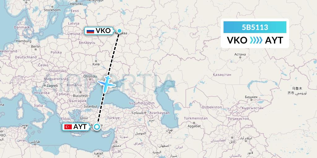 5B5113 Bassaka Air Limited Flight Map: Moscow to Antalya