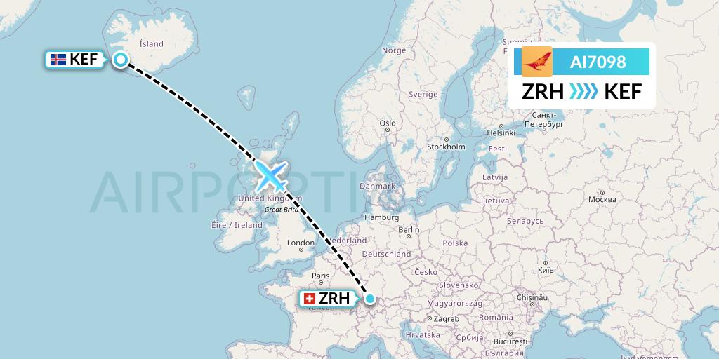 AI7098 Air India Flight Map: Zurich to Reykjavik
