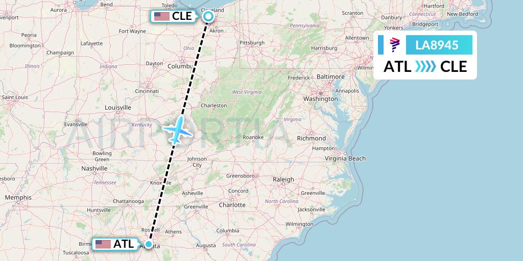 LA8945 LAN Airlines Flight Map: Atlanta to Cleveland