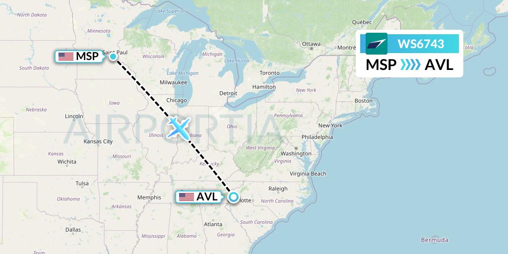 WS6743 WestJet Flight Map: Minneapolis to Asheville