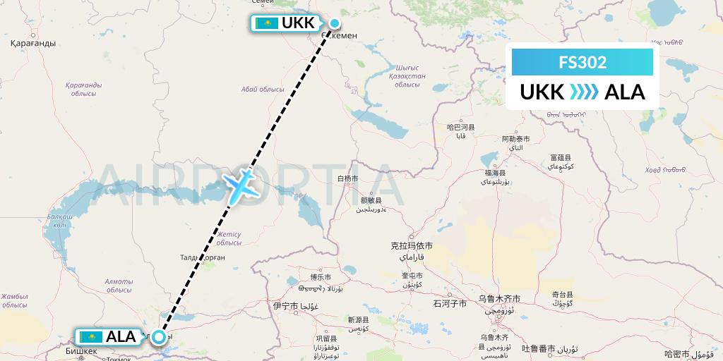 FS302 Flyr Flight Map: Oskemen to Almaty