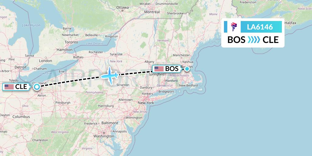 LA6146 LAN Airlines Flight Map: Boston to Cleveland