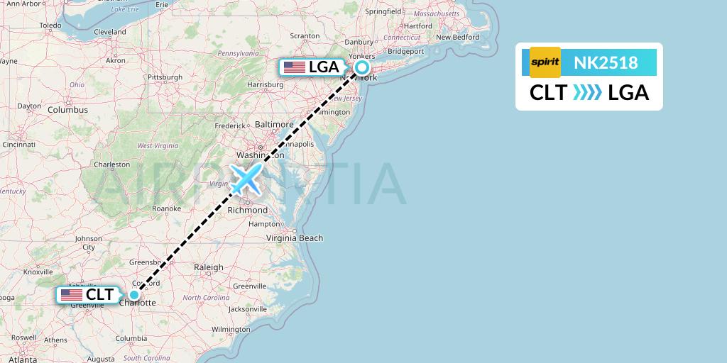 NK2518 Spirit Airlines Flight Map: Charlotte to New York