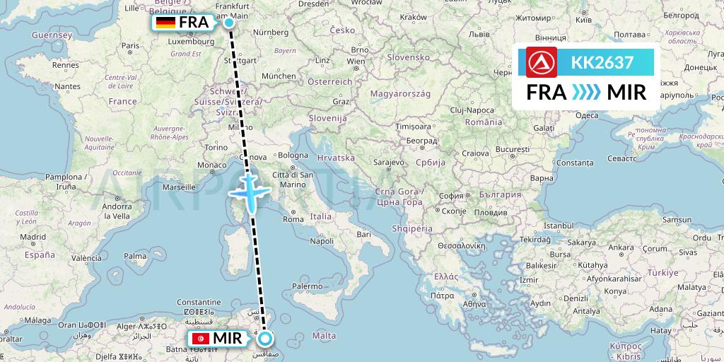 KK2637 Atlasjet Flight Map: Frankfurt to Monastir