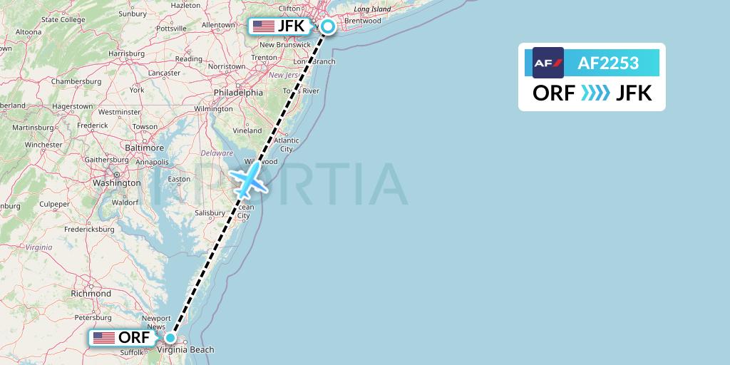 AF2253 Air France Flight Map: Norfolk to New York