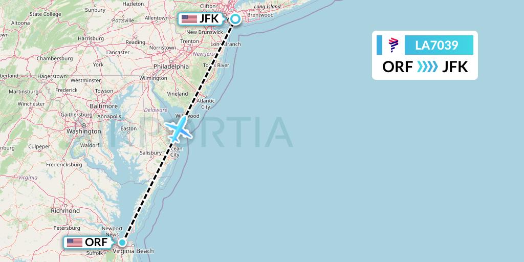 LA7039 LAN Airlines Flight Map: Norfolk to New York