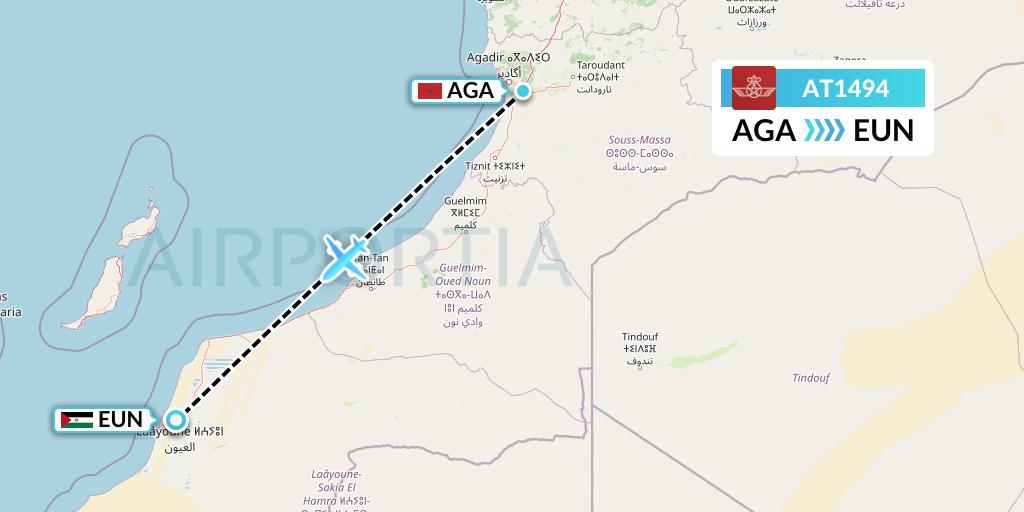 AT1494 Royal Air Maroc Flight Map: Agadir to El Aaiun