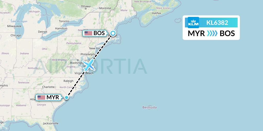 KL6382 KLM Flight Map: Myrtle Beach to Boston