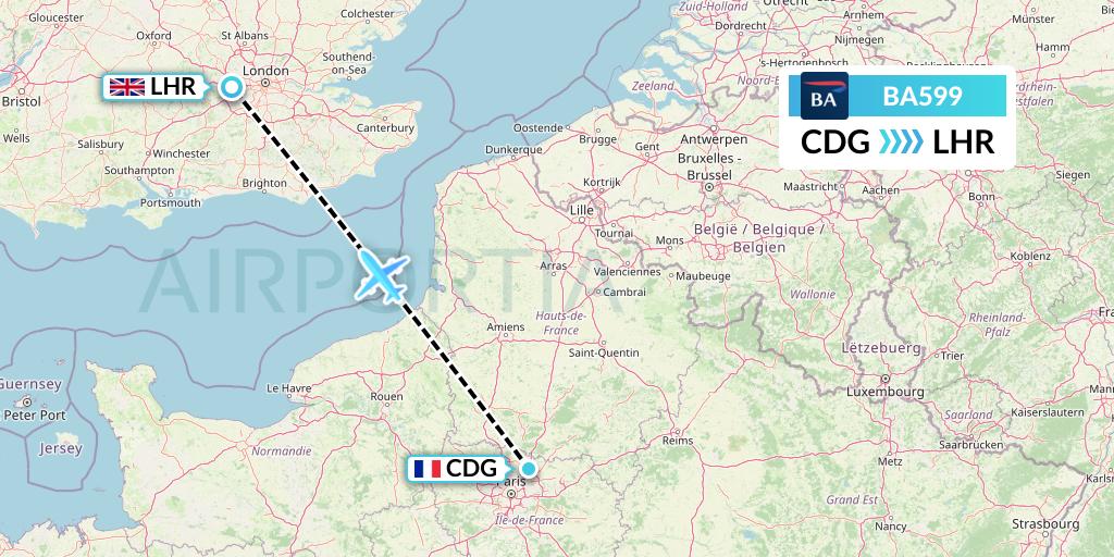 BA599 British Airways Flight Map: Paris to London