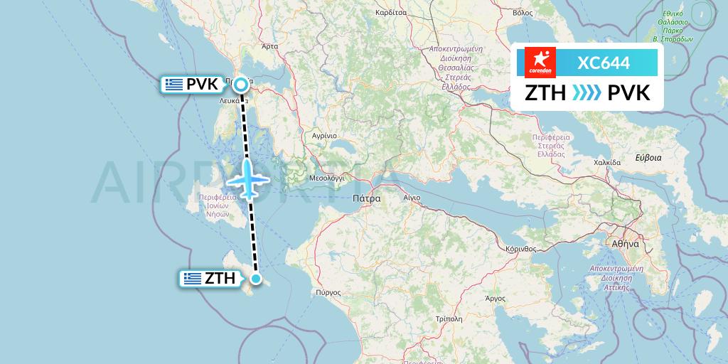 XC644 Corendon Airlines Flight Map: Zakynthos to Preveza