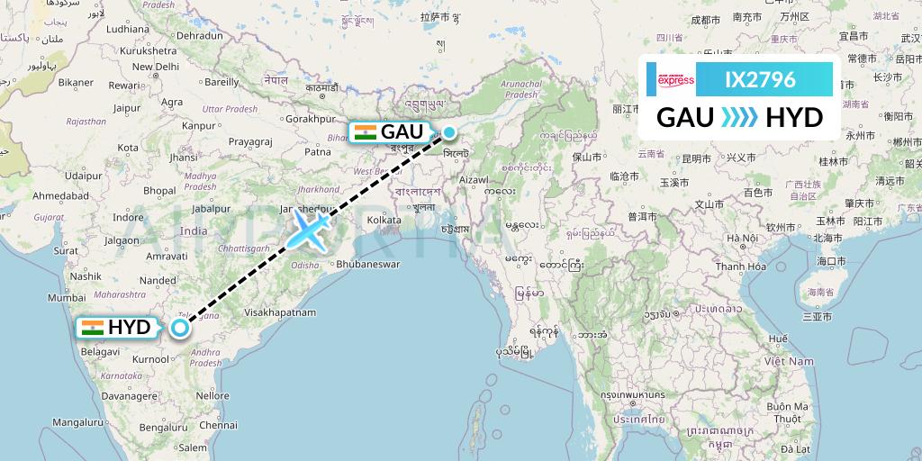 IX2796 Air India Express Flight Map: Guwahati to Hyderabad