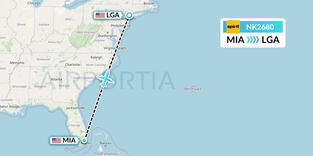 NK2680 Spirit Airlines Flight Map: Miami to New York