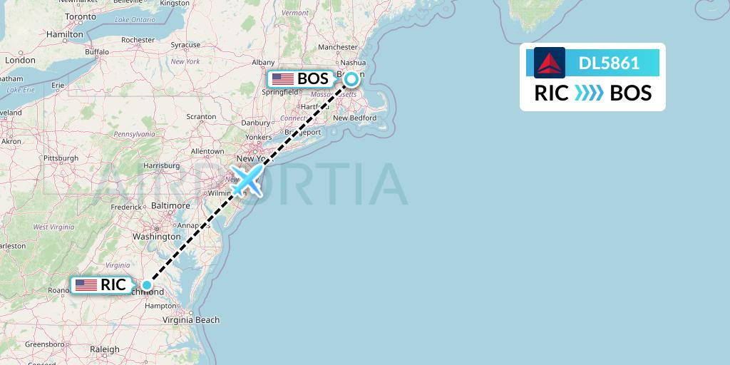DL5861 Delta Air Lines Flight Map: Richmond to Boston