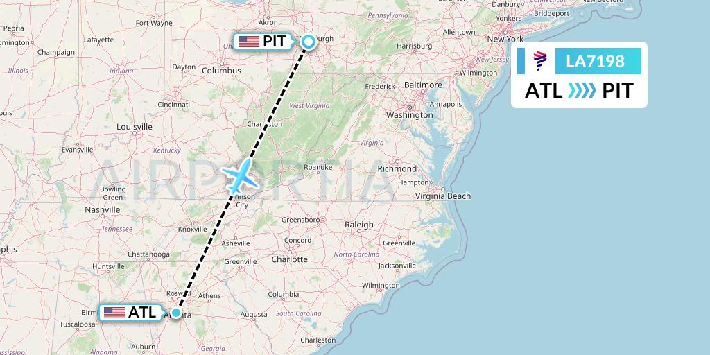 LA7198 LAN Airlines Flight Map: Atlanta to Pittsburgh