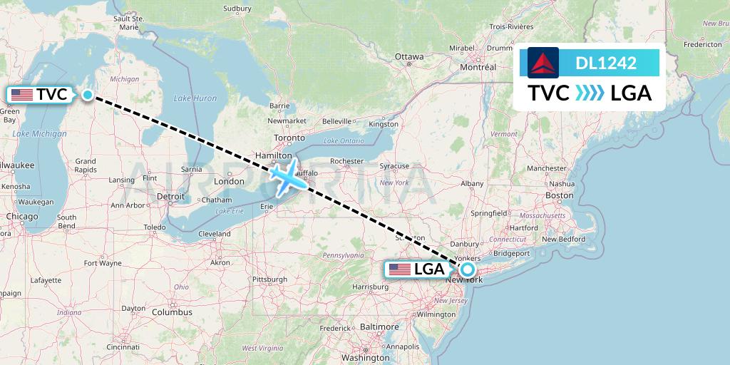 DL1242 Delta Air Lines Flight Map: Traverse City to New York