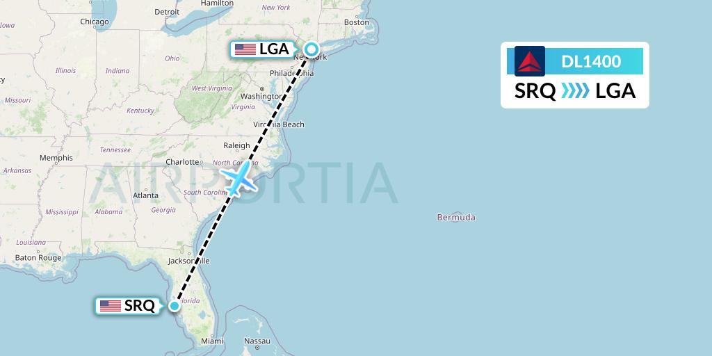 DL1400 Delta Air Lines Flight Map: Sarasota to New York