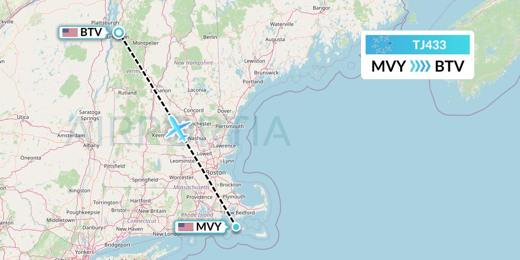 TJ433 Tradewind Aviation Flight Map: Martha's Vineyard to Burlington