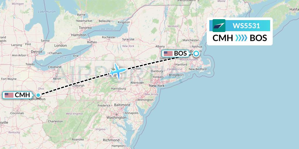 WS5531 WestJet Flight Map: Columbus to Boston