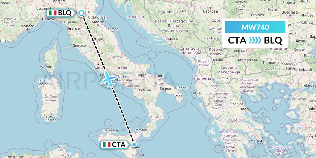 MW740 Mokulele Flight Service Flight Map: Catania to Bologna