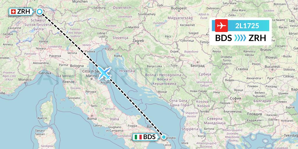 2L1725 Helvetic Airways Flight Map: Brindisi to Zurich