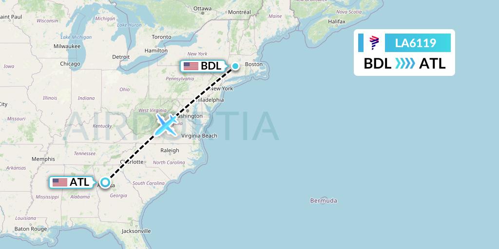 LA6119 LAN Airlines Flight Map: Windsor Locks to Atlanta