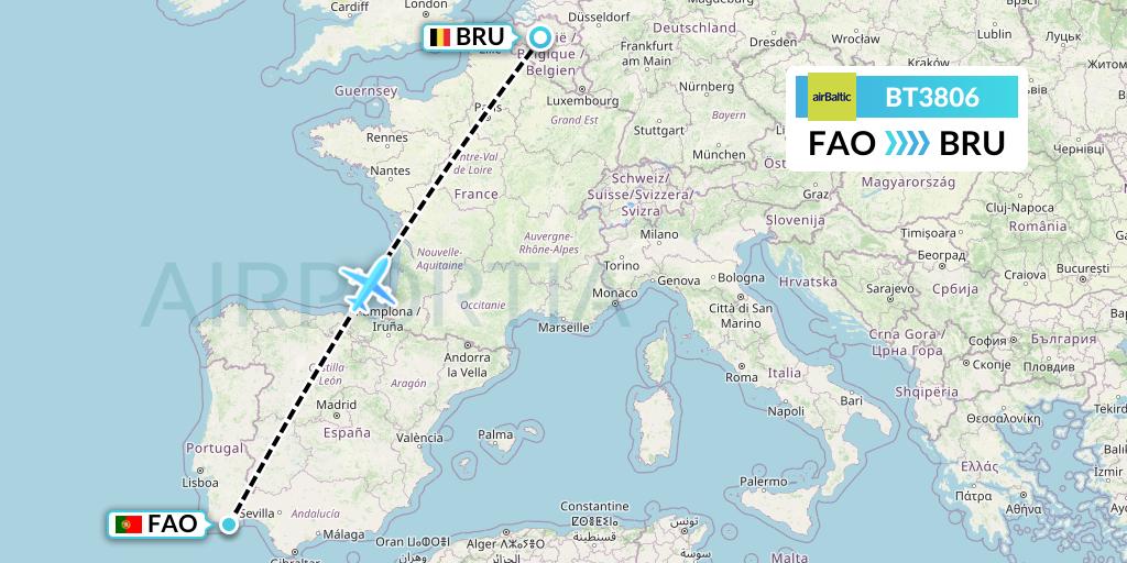 BT3806 Air Baltic Flight Map: Faro to Brussels
