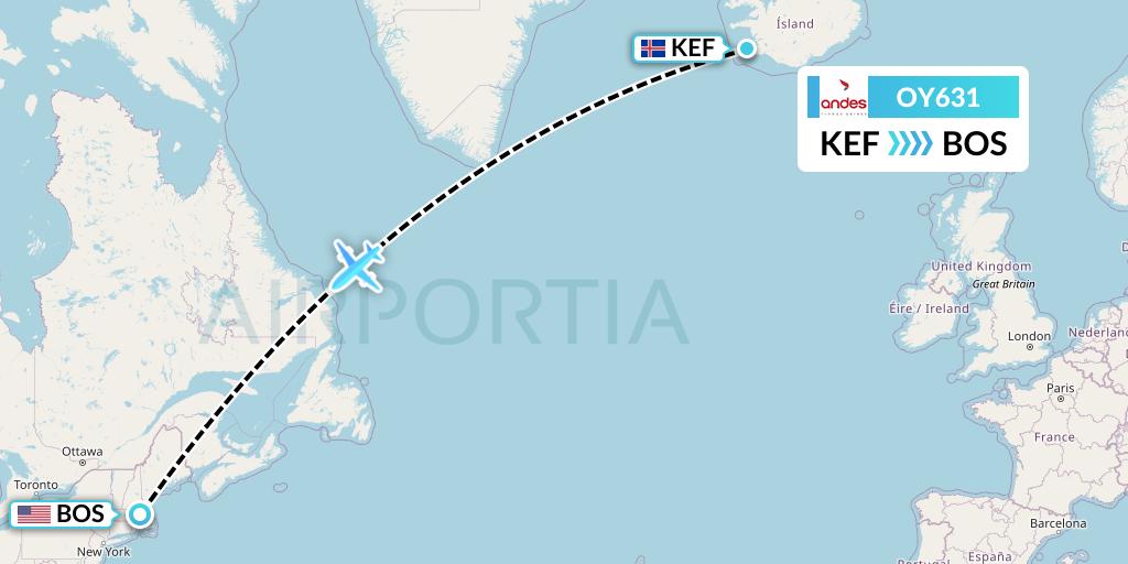 OY631 Omni Air International Flight Map: Reykjavik to Boston