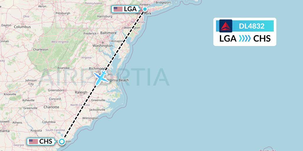 DL4832 Delta Air Lines Flight Map: New York to Charleston