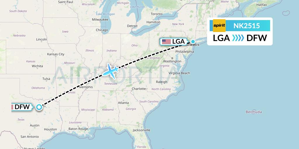 NK2515 Spirit Airlines Flight Map: New York to Dallas