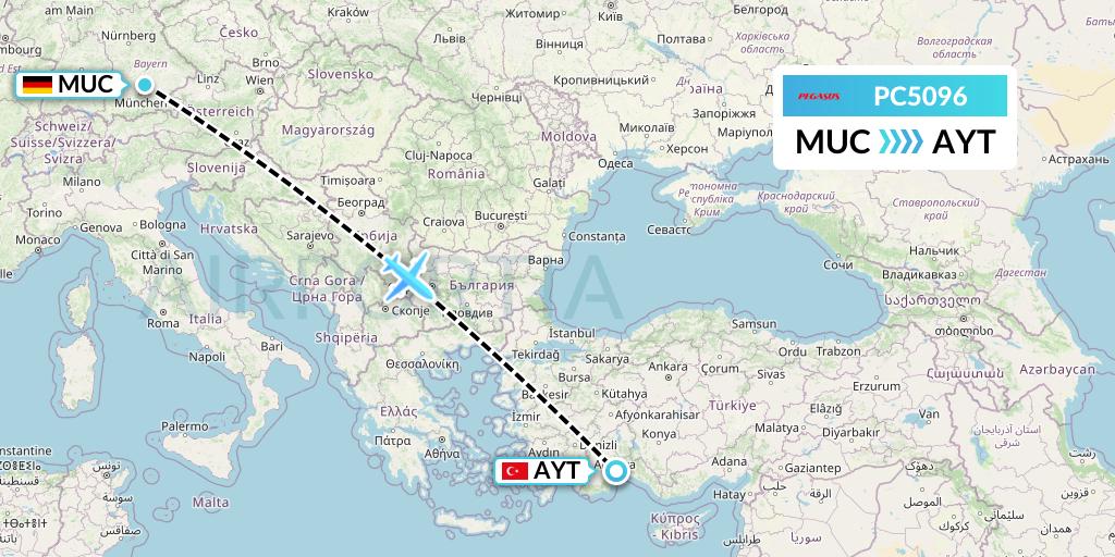 PC5096 Pegasus Airlines Flight Map: Munich to Antalya