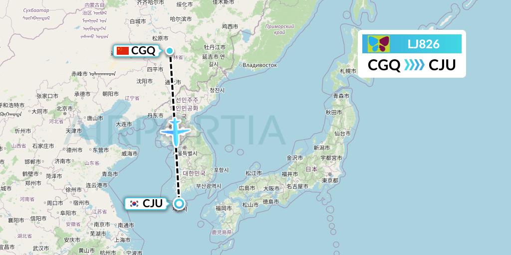 LJ826 Jin Air Flight Map: Changchun to Jeju