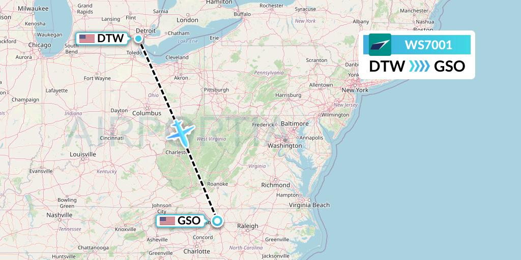 WS7001 WestJet Flight Map: Detroit to Greensboro