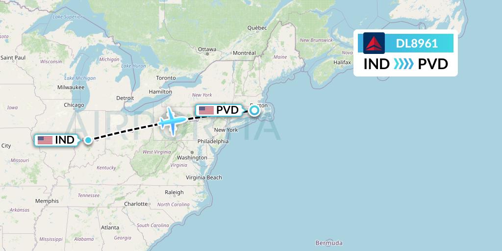 DL8961 Delta Air Lines Flight Map: Indianapolis to Providence