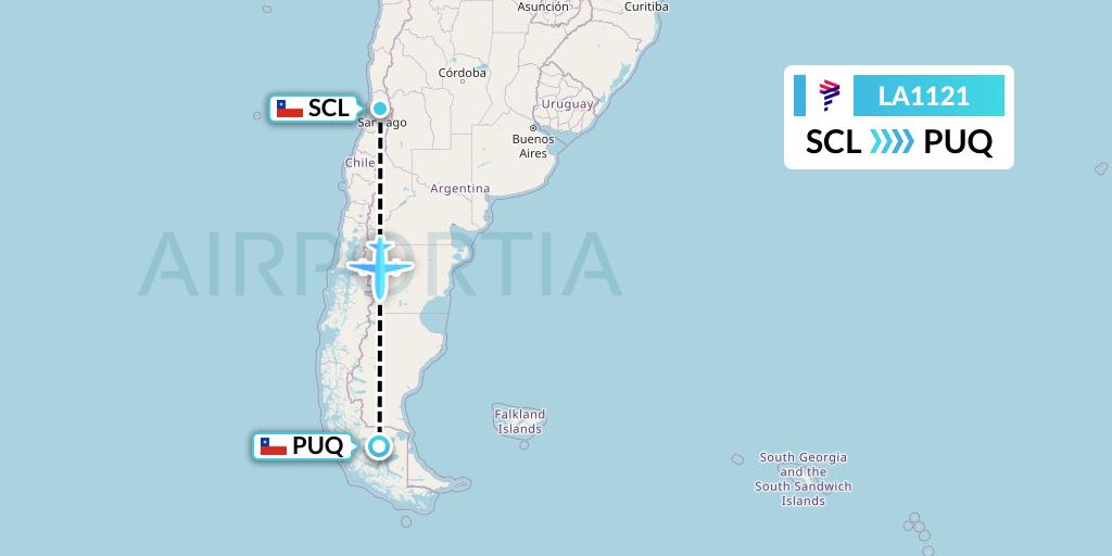 LA1121 LAN Airlines Flight Map: Santiago to Punta Arenas