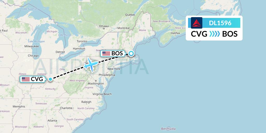 DL1596 Delta Air Lines Flight Map: Cincinnati to Boston