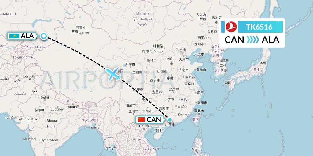 TK6516 Turkish Airlines Flight Map: Guangzhou to Almaty