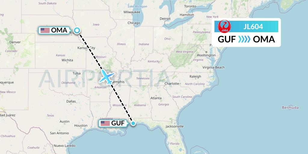 JL604 Japan Airlines Flight Map: Gulf Shores to Omaha