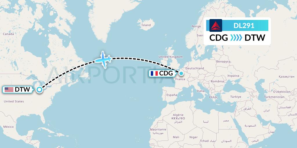 DL291 Delta Air Lines Flight Map: Paris to Detroit